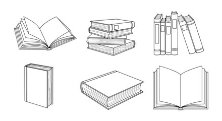 A versatile set of six different book illustrations in a clean black and white outline style including open and closed books.