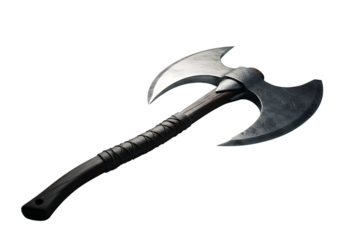 Double bladed battle axe with dark wooden handle and leather grip double axe medieval weapon