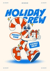 Retro cartoon candy cane mascot Christmas poster with gift and bold typography