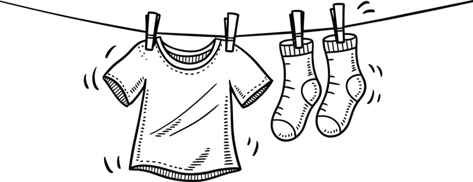 Hand drawn laundry drying on clothesline with t-shirt and socks doodle vector illustration