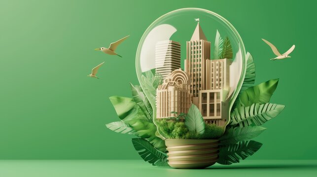 Conceptual illust n of a modern eco friendly city enclosed within a transparent glass sphere surrounded by lush greenery and natural elements symbolizing a vision for sustainable urban development