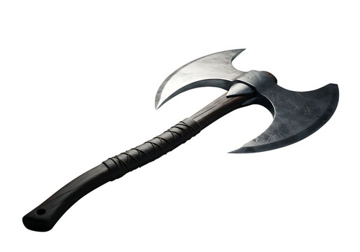 Double bladed battle axe with dark wooden handle and leather grip double axe medieval weapon