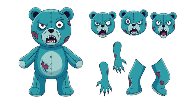 A character creation sheet for a scary zombie teddy bear, showing its full body, various angry expressions, and detached limbs.