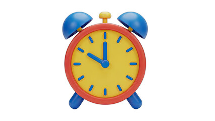 Retro Alarm Clock with Blue Bells and Yellow Face Displaying Ten OClock on a Transparent Background
