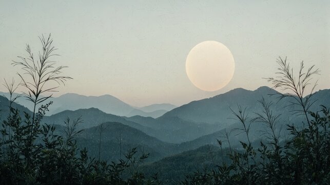 Full moon rises over misty mountain range in twilight, creating tranquil evening landscape. Use: travel blog hero image, poster design.