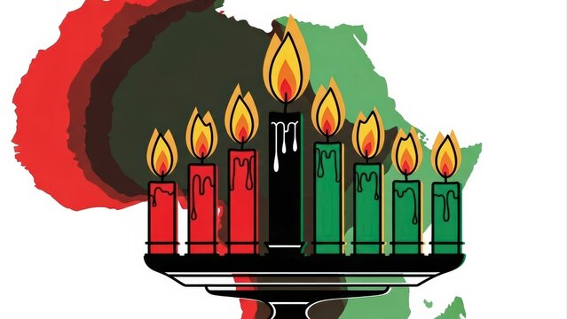 Kwanzaa Kinara with Seven Candles and African Map Background.