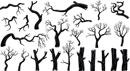 Dead tree and bare branch silhouette set with spooky dry wood vector illustration © Ahamedpicu