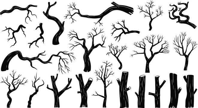 Dead tree and bare branch silhouette set with spooky dry wood vector illustration