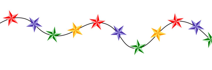 Christmas colorful multicolored lights curly string garland, doodle hand drawn vector illustration, flat cartoon seasonal image for winter New Year holiday, birthday events design