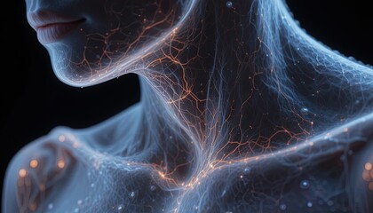 Elegant network of glowing connections on human form creates a visual metaphor for innovative technology, communication, or futuristic concept.