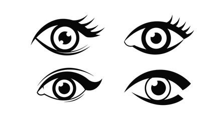 A simple and elegant set of four stylized black and white female eye icons with long eyelashes for beauty concepts.