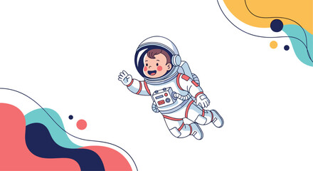 Obraz premium A cute and happy baby astronaut in a full spacesuit waves cheerfully while floating in zero gravity among abstract shapes.