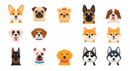 Obraz premium A diverse collection of fifteen cute and stylized cartoon dog head icons, featuring popular breeds like pugs and corgis.