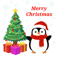 Cute penguin christmas greeting illustration isolated on transparent background 