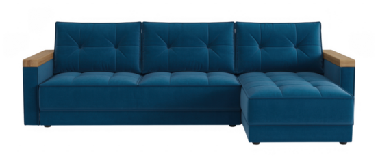 Blue sectional sofa with wooden armrests isolated on a transparent background couch 1