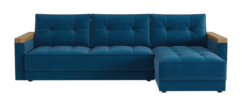 Blue sectional sofa with wooden armrests isolated on a transparent background couch 1