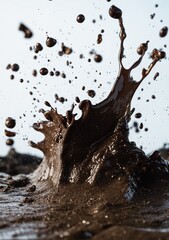 Fototapeta premium Dramatic mud water splashes midair in high-speed motion, dark brown droplets suspended. Use: nature documentary intro, environmental awareness.
