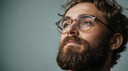 A young man with a well-groomed beard and curly hair wears brown-framed glasses, looking thoughtfully upward against a soft gray background. Use.