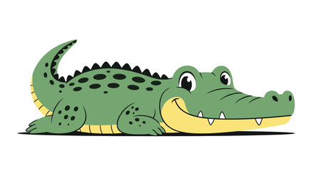 Obraz premium A friendly and cheerful green cartoon crocodile with a yellow belly lies on the ground with a big, happy toothy smile.