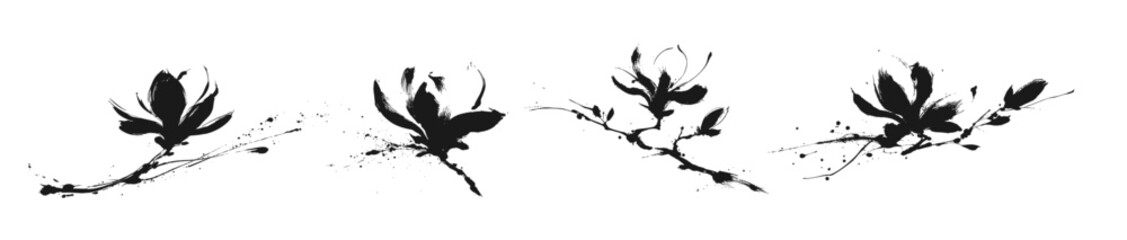 Hand painted oriental asian magnolia icons set in traditional black ink brush stroke drawing style