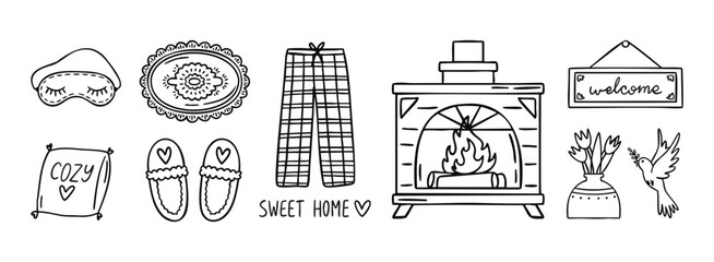 Cozy home set hearth pillow slippers pajamas welcome line art outline, monochrome hand drawn.