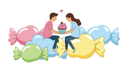 Sweet Sharing: A loving couple enjoys a delightful moment, sitting amidst colorful candies, tenderly sharing a delectable cupcake