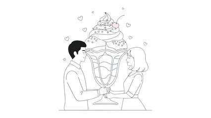 Sweet Temptation: A tender illustration depicts a couple sharing a towering ice cream sundae, symbolizing love, sweetness, and shared indulgence. 