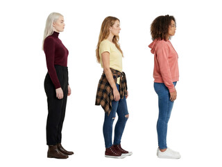 Fototapeta premium Diverse group of young women standing in profile showcasing fashion and individuality isolated
