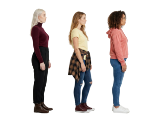 Diverse group of young women standing in profile showcasing fashion and individuality isolated