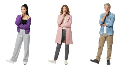 Fototapeta premium Diverse individuals contemplating with thoughtful poses against a void background