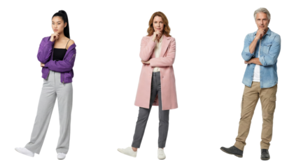 Diverse individuals contemplating with thoughtful poses against a void background