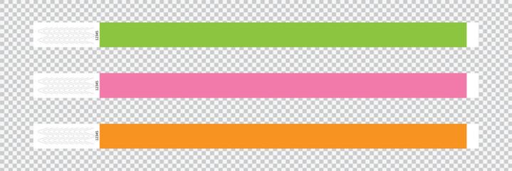 Set of paper event bracelet templates. Admission wristband for concert, festival, cinema, party, disco entrance on transparent background. Patient identification headband. Vector illustration.