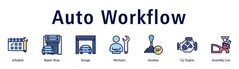 Auto Workflow web banner icon vector illustration with icons of Schedule, Repair Shop, Garage, Mechanic, Gearbox, Car Engine and Assembly Line.