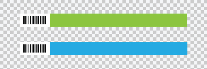 Obraz premium Set of paper event bracelet templates. Admission wristband for concert, festival, cinema, party, disco entrance on transparent background. Patient identification headband. Vector illustration.