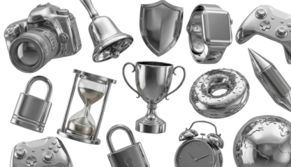 A collection of shiny silver objects including a camera a trophy and a smart watch isolated