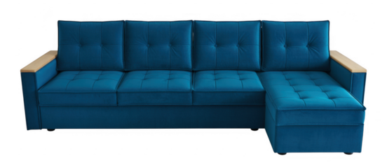 Blue sectional sofa with wooden armrests isolated on a transparent background couch
