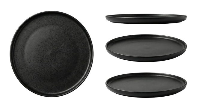 Sleek matte black dinner plates presented on a plain isolated transparent background