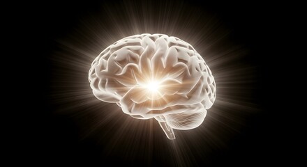 Obraz premium 3D render of a human brain with a bright, luminous glow emanating from the center on a black background, symbolizing genius, idea, or mental health.