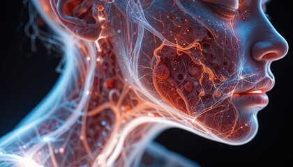 Obraz premium Stunning anatomical rendering of a human face showcasing intricate neural networks and blood vessels, perfect for medical illustrations or science visualizations