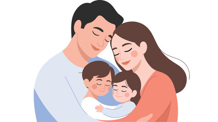 Warm illustration of a happy family—mother, father, and two children—hugging lovingly, symbolizing affection, bonding, parenting, and emotional connection.