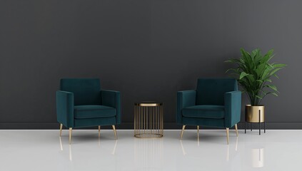 A modern minimalist interior with dark teal armchairs, a metallic gold side table, a green indoor plant in a gold pot, a glossy white floor, creating an elegant, balanced, and sophisticated design.