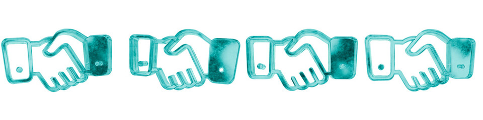 Set of four 3D hand shake shapes in frosted blue ice glass style, isolated on a transparent background. Glassmorphism icons and 3D elements for modern graphic design.