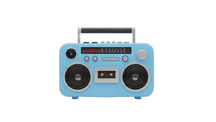 Retro blue boombox portable audio player with cassette tape and speakers on a black background with a silver handle and chrome accents showcasing a vintage aesthetic