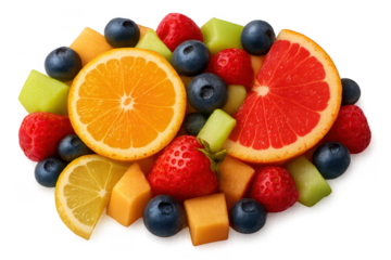 Assorted fruit salad on a transparent background with various colors.