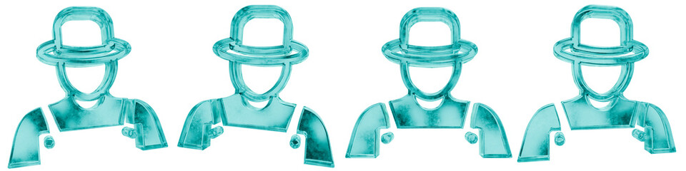 Set of four 3D handyman shapes in frosted blue ice glass style, isolated on a transparent background. Glassmorphism icons and 3D elements for modern graphic design.