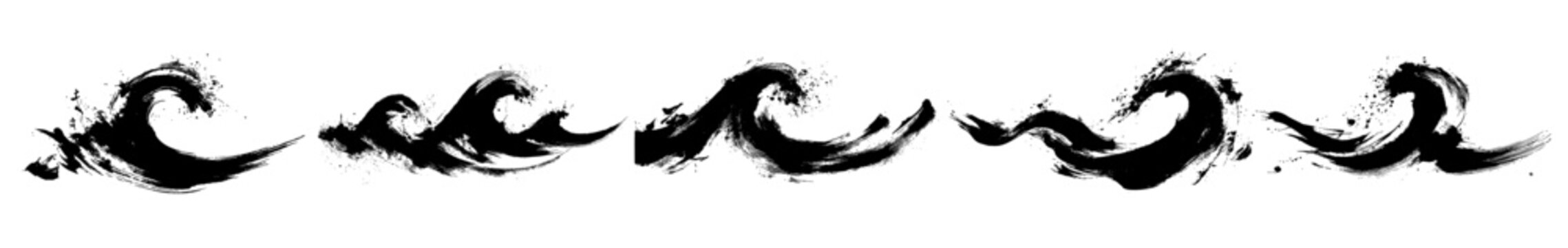 Abstract ocean wave shapes in expressive black ink brush strokes inspired by traditional Asian painting