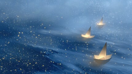 A surreal ocean of snow with small glowing Christmas boats sailing, ethereal mist, sparkling snowflakes, magical winter twilight 