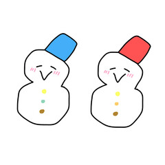 かわいい笑顔の仲良し手書き風雪だるま（赤と青のバケツ）