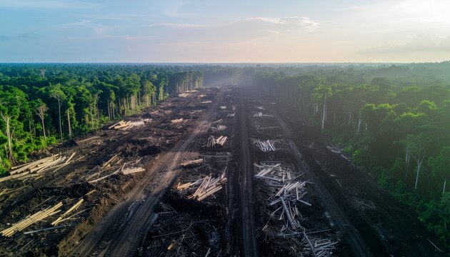 Aerial drone footage reveals extensive deforestation, showing cleared forests and barren land, impact of human activity on nature