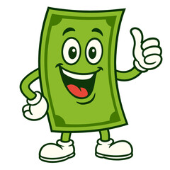Happy cartoon dollar bill character giving thumbs up, isolated on transparent background 